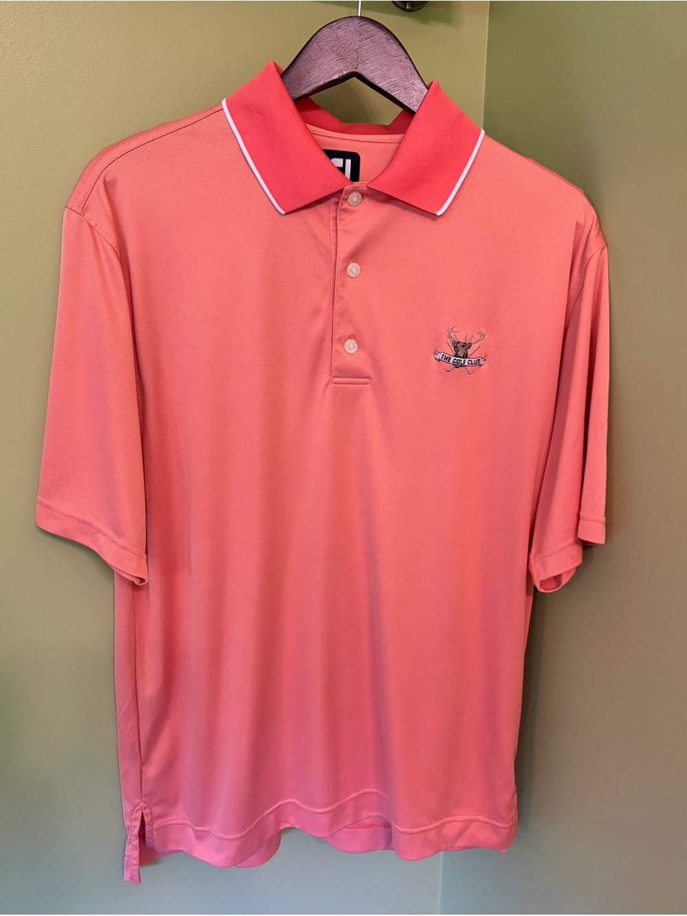 FootJoy Mens Golf Shirt Coral Orange Short Sleeve Golf Club Logo Medium M